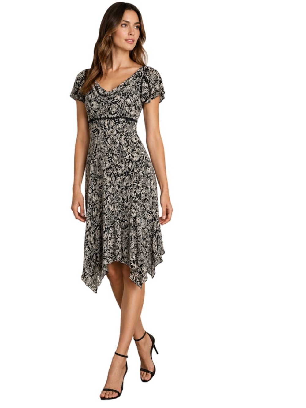 Nine West Vintage Y2K 100% Silk Cowl Neck Midi Dress Assymetrical Hem Size 8